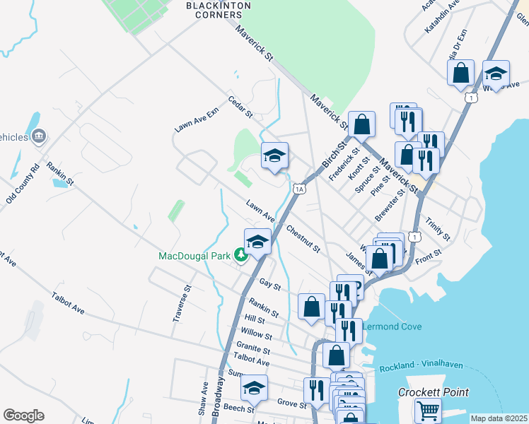 map of restaurants, bars, coffee shops, grocery stores, and more near 11 Lawn Avenue in Rockland