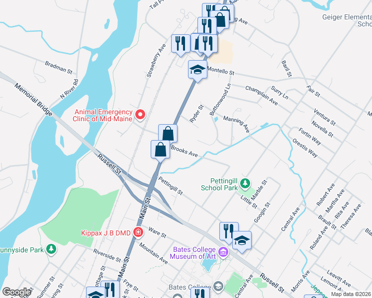 map of restaurants, bars, coffee shops, grocery stores, and more near 20 Brooks Avenue in Lewiston