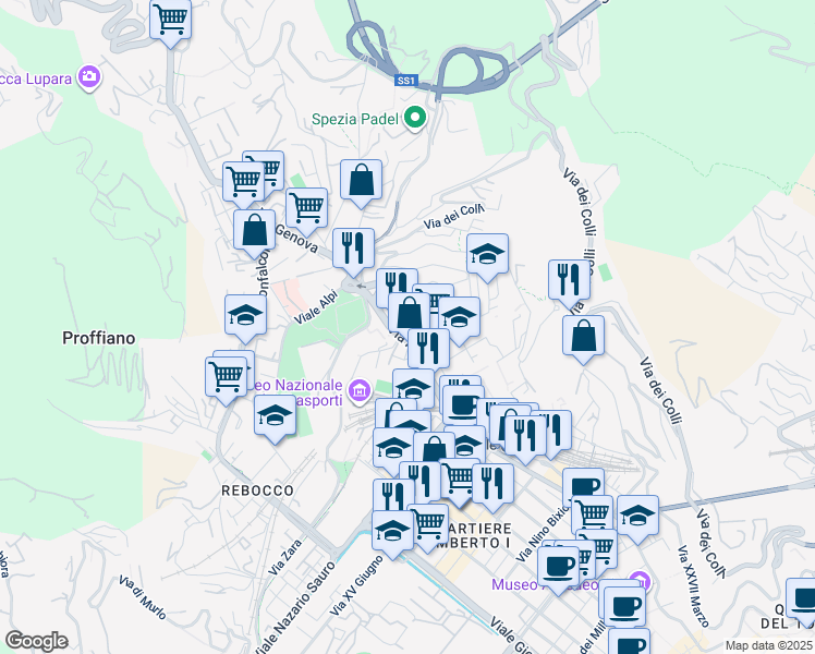 map of restaurants, bars, coffee shops, grocery stores, and more near 27 Via Vincenzo Bellini in La Spezia