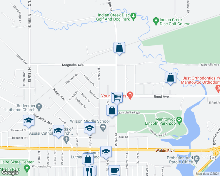 map of restaurants, bars, coffee shops, grocery stores, and more near 1439 North 9th Street in Manitowoc
