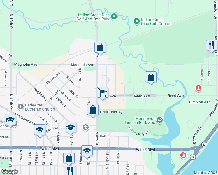 map of restaurants, bars, coffee shops, grocery stores, and more near 1424 North 6th Street in Manitowoc