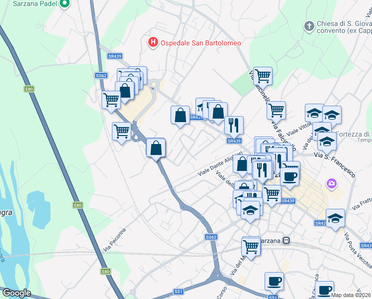 map of restaurants, bars, coffee shops, grocery stores, and more near 15 Via Paolo Diana in Sarzana