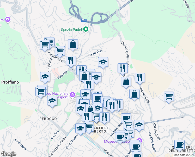 map of restaurants, bars, coffee shops, grocery stores, and more near 64 Via Claudio Monteverdi in La Spezia