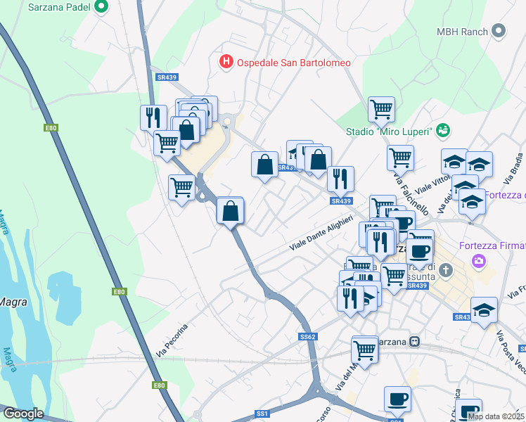 map of restaurants, bars, coffee shops, grocery stores, and more near 20 Via Paolo Diana in Sarzana