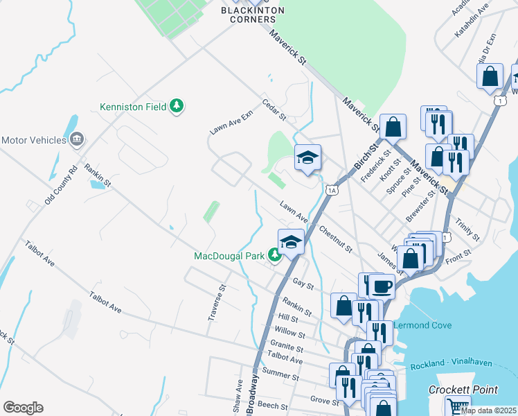 map of restaurants, bars, coffee shops, grocery stores, and more near 19 Eliza Steele Drive in Rockland