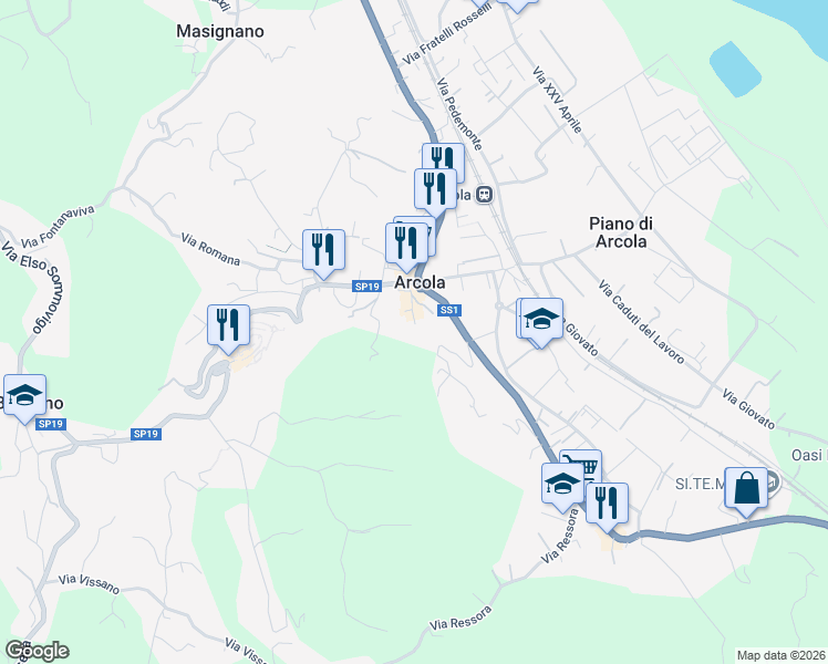 map of restaurants, bars, coffee shops, grocery stores, and more near 33 Via Valle in Arcola