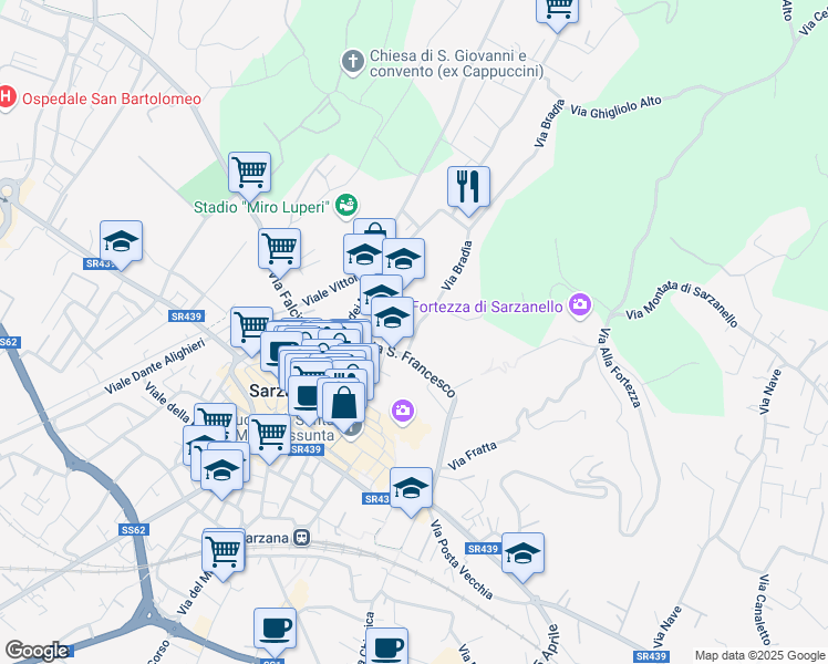map of restaurants, bars, coffee shops, grocery stores, and more near 1-3 Via Bradia in Sarzana