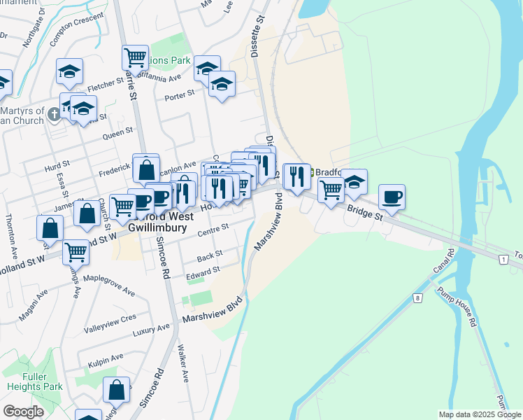 map of restaurants, bars, coffee shops, grocery stores, and more near 19 Anne Street in Bradford West Gwillimbury