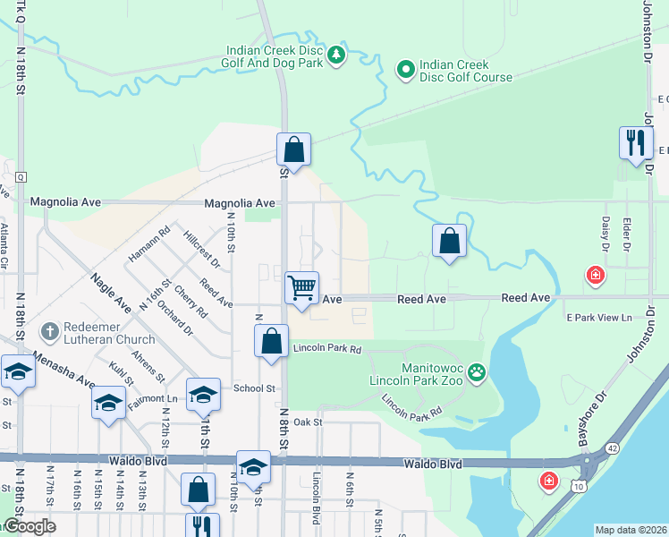 map of restaurants, bars, coffee shops, grocery stores, and more near 1424 North 6th Street in Manitowoc