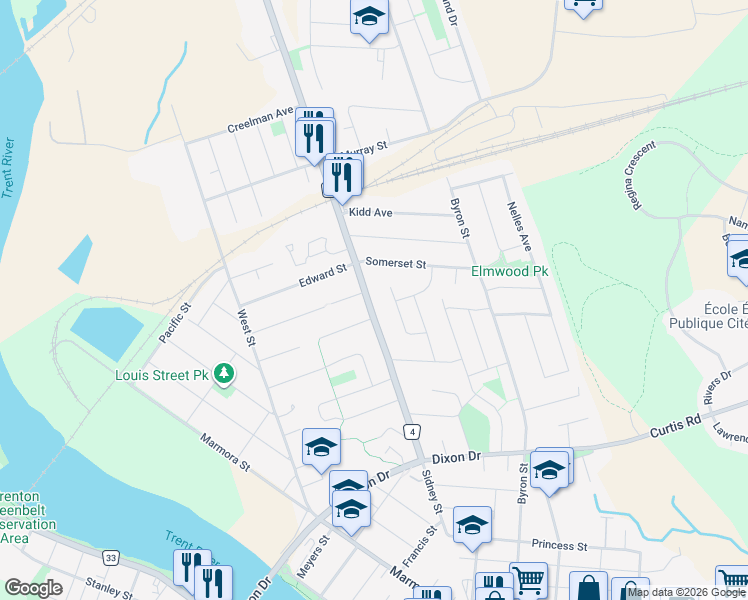 map of restaurants, bars, coffee shops, grocery stores, and more near 233 Sidney Street in Quinte West