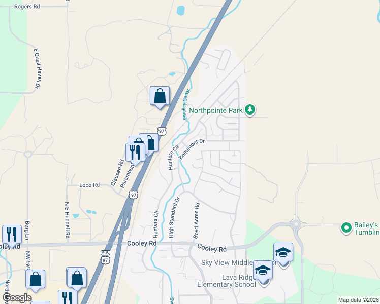 map of restaurants, bars, coffee shops, grocery stores, and more near 20699 Beaumont Drive in Bend