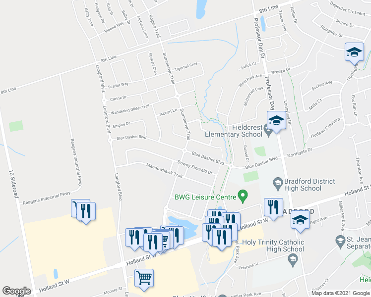 map of restaurants, bars, coffee shops, grocery stores, and more near Summerlyn Trail in Bradford West Gwillimbury
