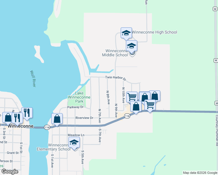 map of restaurants, bars, coffee shops, grocery stores, and more near 223 North 8th Avenue in Winneconne