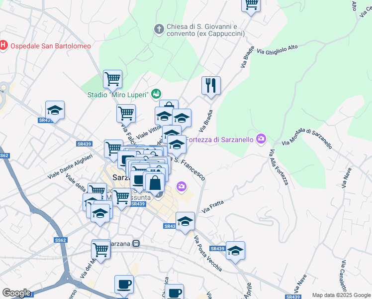 map of restaurants, bars, coffee shops, grocery stores, and more near 3 Via Bradia in Sarzana