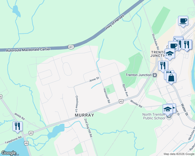 map of restaurants, bars, coffee shops, grocery stores, and more near 32 Anne Street in Quinte West