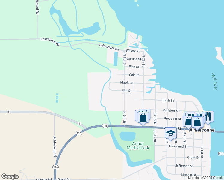 map of restaurants, bars, coffee shops, grocery stores, and more near 916 Elm Street in Winneconne
