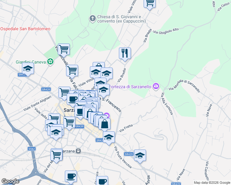 map of restaurants, bars, coffee shops, grocery stores, and more near 19 Via San Francesco in Sarzana