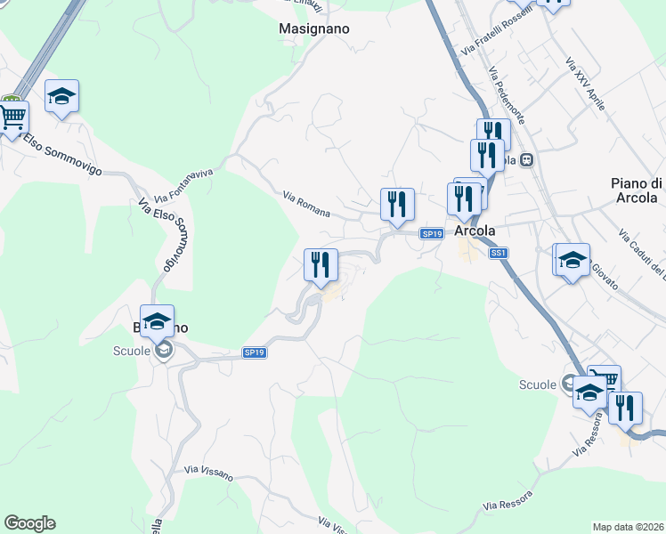 map of restaurants, bars, coffee shops, grocery stores, and more near 15 Via Franciosi in Arcola