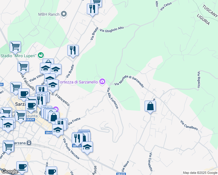 map of restaurants, bars, coffee shops, grocery stores, and more near Via Alla Fortezza in Provincia della Spezia
