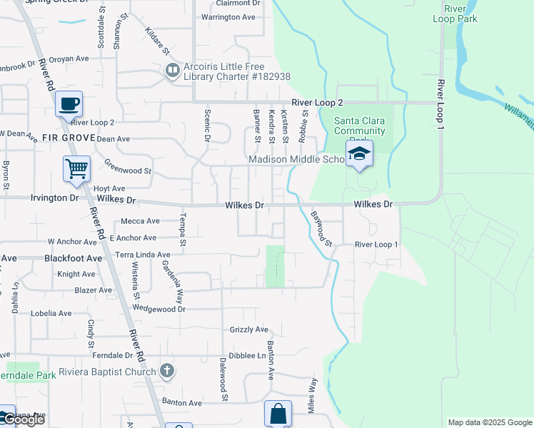 map of restaurants, bars, coffee shops, grocery stores, and more near 496 Wilkes Drive in Eugene