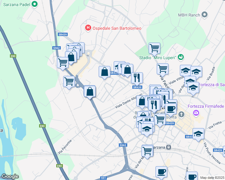 map of restaurants, bars, coffee shops, grocery stores, and more near 15 Via Paolo Diana in Sarzana