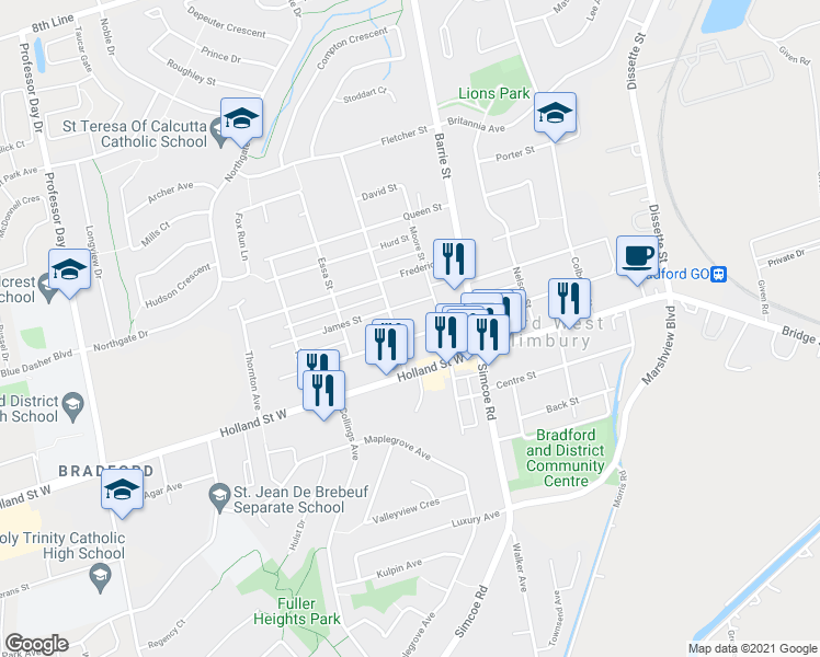 map of restaurants, bars, coffee shops, grocery stores, and more near 63 John Street West in Bradford West Gwillimbury