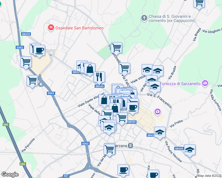 map of restaurants, bars, coffee shops, grocery stores, and more near 6 Viale Vittorio Alfieri in Sarzana