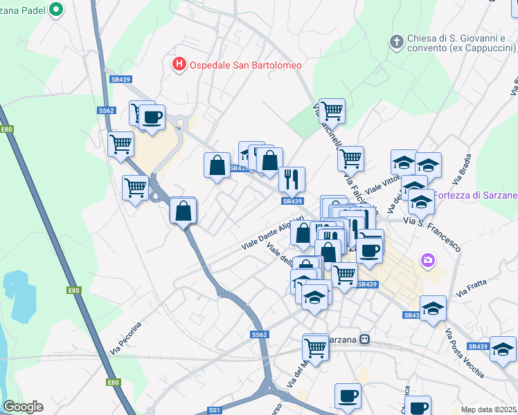 map of restaurants, bars, coffee shops, grocery stores, and more near 15 Via Socrate Benacci in Sarzana