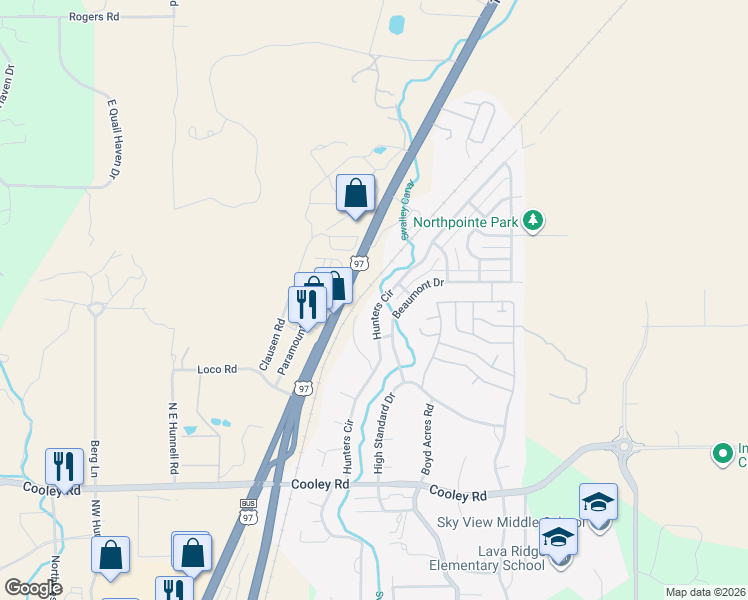 map of restaurants, bars, coffee shops, grocery stores, and more near 63753 Hunters Circle in Bend