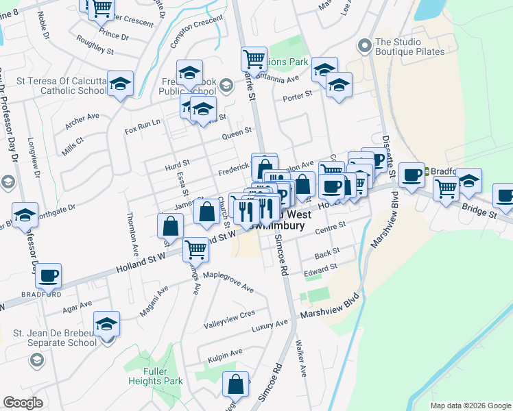 map of restaurants, bars, coffee shops, grocery stores, and more near in Bradford West Gwillimbury