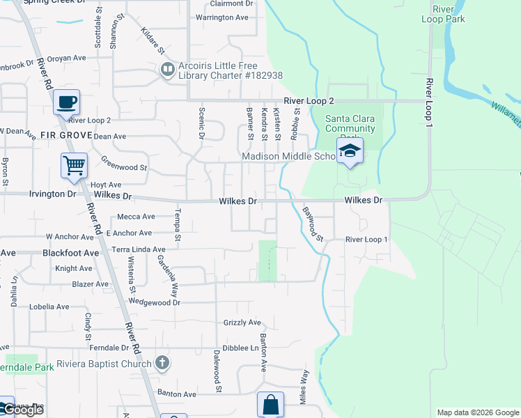 map of restaurants, bars, coffee shops, grocery stores, and more near 496 Wilkes Drive in Eugene