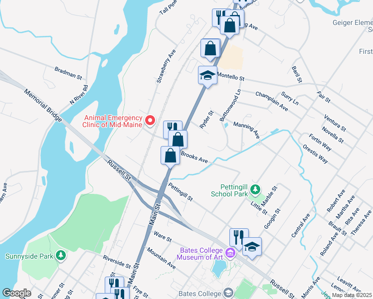 map of restaurants, bars, coffee shops, grocery stores, and more near 593 Main Street in Lewiston