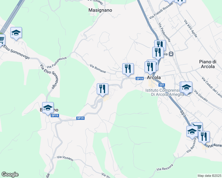 map of restaurants, bars, coffee shops, grocery stores, and more near 15 Via Franciosi in Arcola