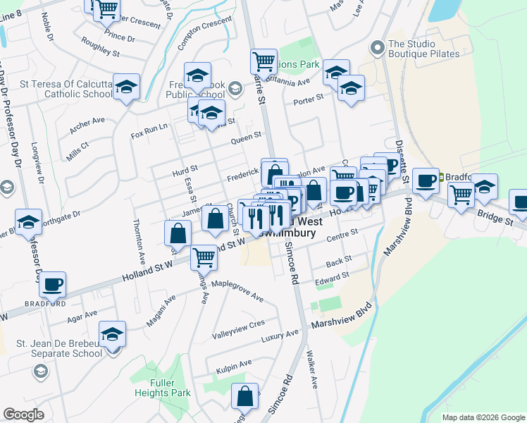 map of restaurants, bars, coffee shops, grocery stores, and more near 16 John Street West in Bradford West Gwillimbury