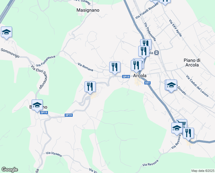 map of restaurants, bars, coffee shops, grocery stores, and more near 164 Via Valentini I° Traversa in Arcola