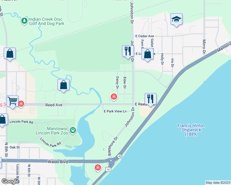 map of restaurants, bars, coffee shops, grocery stores, and more near 1426 Daisy Drive in Manitowoc