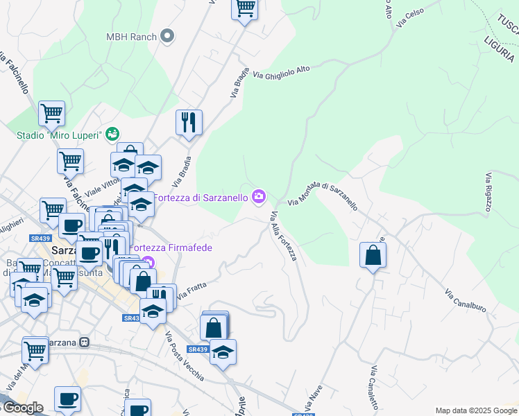 map of restaurants, bars, coffee shops, grocery stores, and more near 9 Via Alla Fortezza in Sarzana