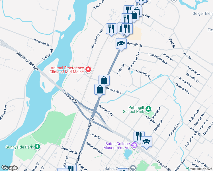map of restaurants, bars, coffee shops, grocery stores, and more near 593 Main Street in Lewiston