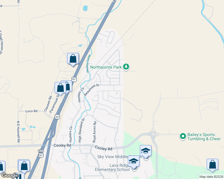 map of restaurants, bars, coffee shops, grocery stores, and more near 20779 Beaumont Drive in Bend