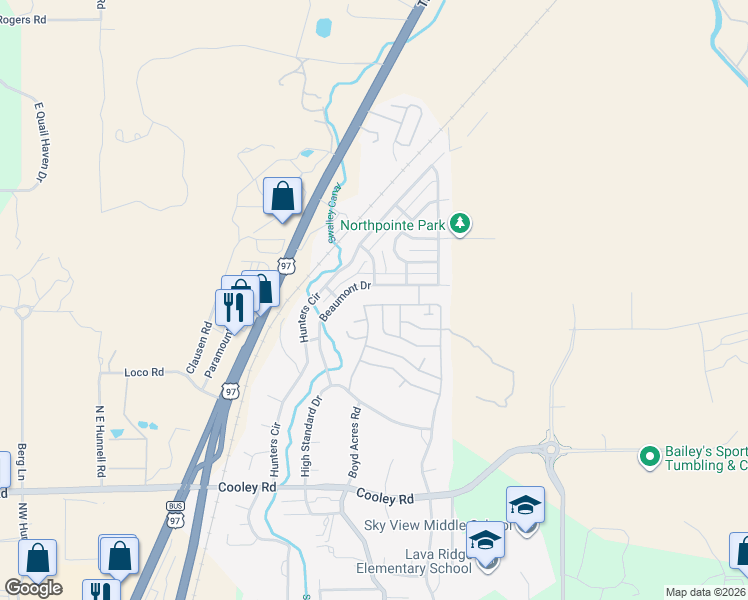 map of restaurants, bars, coffee shops, grocery stores, and more near 63826 Ranch Village Drive in Bend