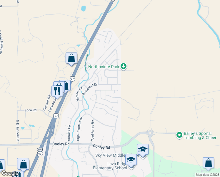 map of restaurants, bars, coffee shops, grocery stores, and more near 20779 Beaumont Drive in Bend