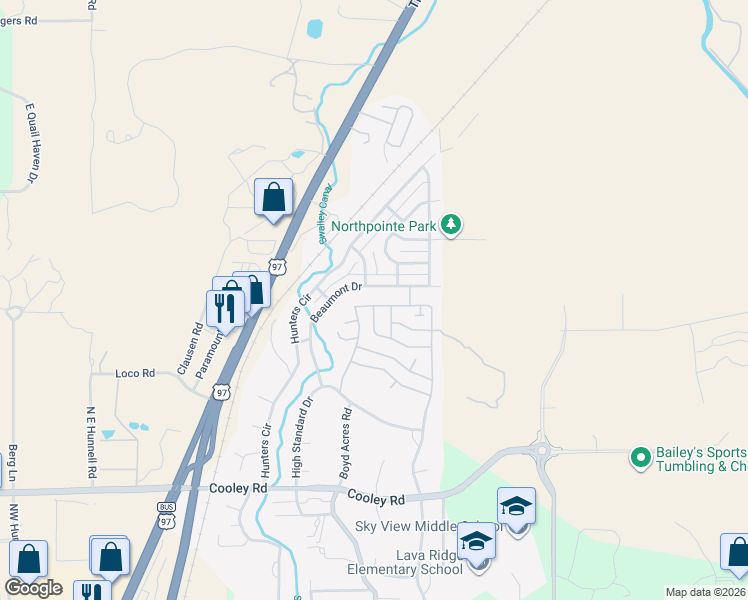 map of restaurants, bars, coffee shops, grocery stores, and more near 63826 Ranch Village Drive in Bend
