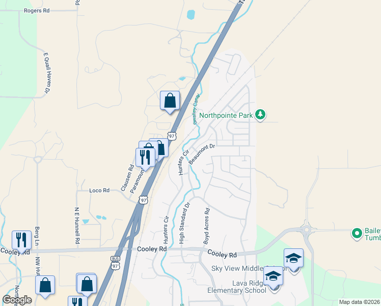 map of restaurants, bars, coffee shops, grocery stores, and more near 20699 Beaumont Drive in Bend