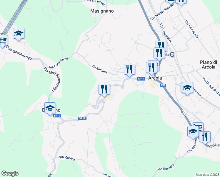 map of restaurants, bars, coffee shops, grocery stores, and more near 15 Via Franciosi in Arcola