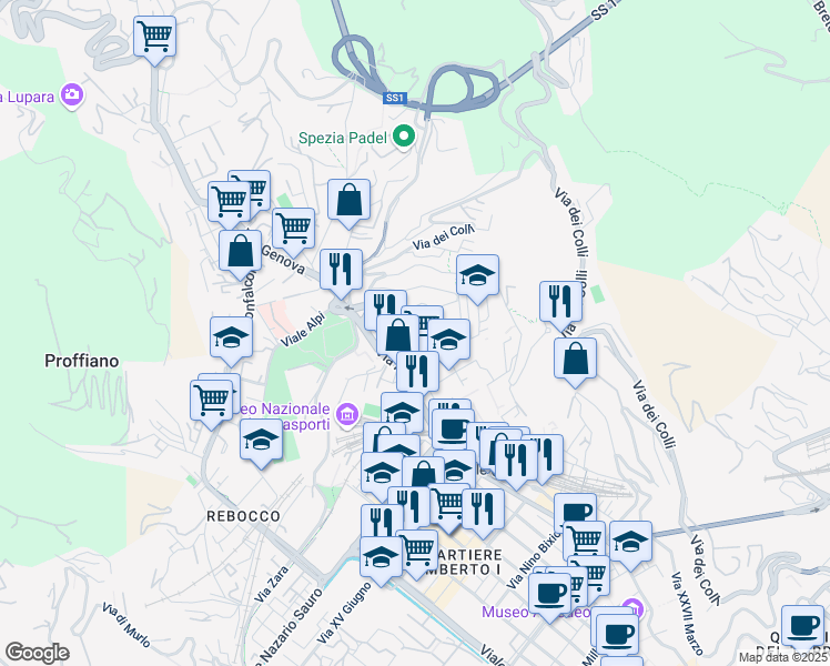 map of restaurants, bars, coffee shops, grocery stores, and more near 27 Via Vincenzo Bellini in La Spezia