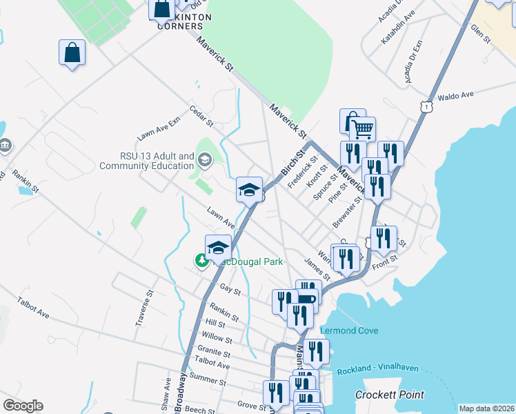 map of restaurants, bars, coffee shops, grocery stores, and more near 395 Broadway in Rockland