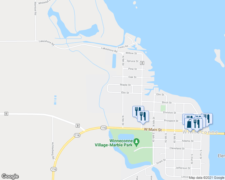 map of restaurants, bars, coffee shops, grocery stores, and more near 916 Elm Street in Winneconne