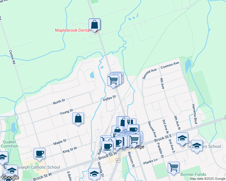map of restaurants, bars, coffee shops, grocery stores, and more near 178 Main Street North in Uxbridge