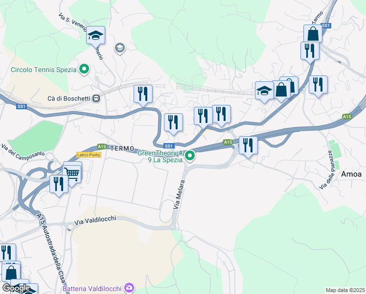 map of restaurants, bars, coffee shops, grocery stores, and more near 702 Via Sarzana in La Spezia