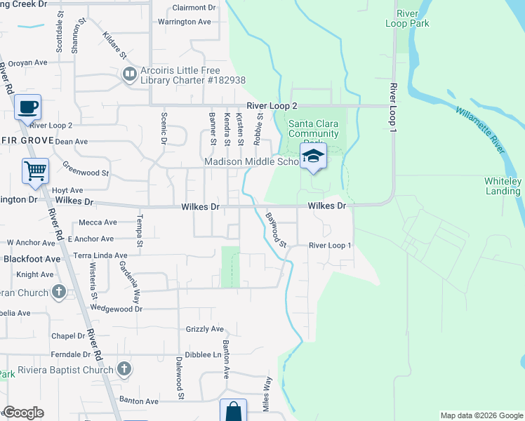map of restaurants, bars, coffee shops, grocery stores, and more near 3525 Baywood Street in Eugene